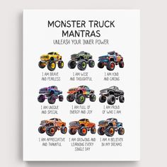 a poster with monster trucks in different colors