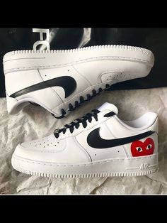 CDG Play Air Force 1 by kaiicustoms Nike Air Force 1 Chrome Heart, Valentines Af1, Nike Air Force 1 Heart, Nike Air Force 1 Custom F1, Nike Custom White Sneakers With Logo Patch, Cdg Play, Nike Air Force 1s, Painted Nikes, Nike Socks