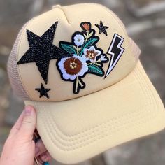 One Of A Kind, Handmade By Me! Adjustable Trucker Hat Trucker Hats With Patches, Hat With Patches, Diy Hats, Diy Hat, Dog Mama, Product Development, Crafts For Girls, New Crafts, Pocket Book