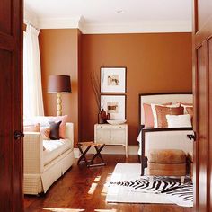 a living room with brown walls and zebra print rugs on the hardwood flooring