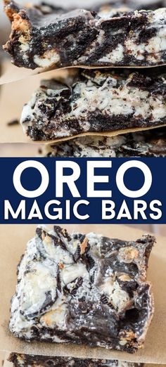 oreo magic bars stacked on top of each other with the text overlay reading oreo magic bars