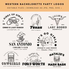 the western bachelor party logos are shown in black and white, with an orange background