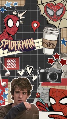 a collage of spiderman stickers over a man's face and various objects