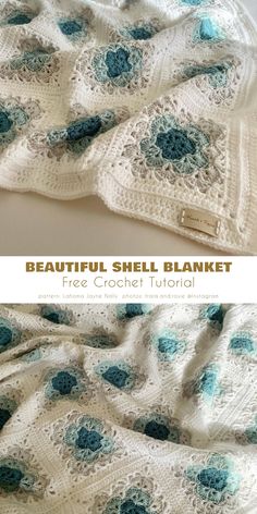 the crochet blanket is made with beautiful blue flowers