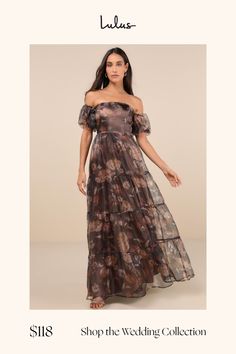 Show off your perfect poise with a lil' bit of charm and the Lulus Exquisite Finesse Brown Floral Organza Maxi Dress With Pockets! A lovely floral-inspired print accents airy woven organza as it shapes a princess-seamed bodice and an off-the-shoulder neckline (with hidden no-slip strips), framed by short puff sleeves with elastic at the cuffs. The high, fitted waist tops a twirl-worthy, tiered A-line skirt with side seam pockets and a sweeping maxi hem. Smocked panel at the back allows for the p Garden Theme Dress, Enchanted Garden Theme, Brown Formal Dress, Organza Maxi Dress, Brown Dresses Formal, Maxi Dress With Pockets, Theme Dress, Garden Theme, Brown Floral