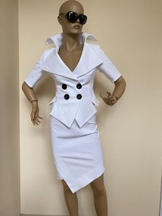 Stylish and extravagant Ladies white spring suit with short sleeved jacket and asymmetrical pencil skirt.SIZE CHARTSIZE S - US 6, UK 8, EU 36bust: bust around 34.5”/90cmWaist: waist around 27.5”/70cmHips: hips around 34.5”/90cmSIZE M - US 8, UK 10, EU 38bust: bust around 37.5”/95cmWaist: waist around 29.5”/75cmHips: hips around 37.5”/95cmSIZE L - US 10, UK 12, EU 40bust: bust around 39.5"/100cmWaist: waist around 31.5”/80cmHips: hips around 39.5”/100cmSIZE XL - US 12, UK 14 , EU42 bust: bust aro Fitted Asymmetrical Sets For Spring, Chic Fitted Asymmetrical Sets, Elegant Asymmetrical Fitted Set, Elegant Fitted Asymmetrical Set, Fitted Asymmetrical Party Sets, Fitted Skirt Suit For Spring Office Wear, Chic Tailored White Skirt Suit, Fitted Spring Skirt Suit For Office, Chic White Tailored Skirt Suit