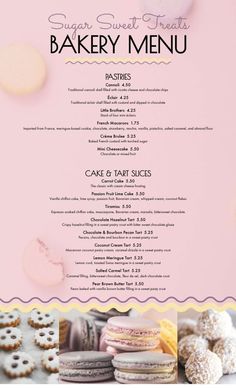 a menu for a bakery with donuts and other desserts on it's side