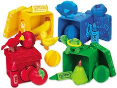 an assortment of colorful plastic toys sitting next to each other