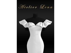 a white dress on a mannequin dummy with the words helen lena written in gold