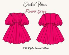 the front and back view of a pink dress with puffy sleeves, pleaed skirting