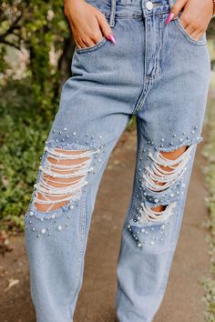 high waist jeans, embellished, distressed, light wash, pearls, diamonds, straight leg Nashville Vibes, Pearl Embellishment, Concert Fits, Denim Collection, Denim Material, Silver Bead, Ankle Length, Stretch Denim, Straight Leg Jeans