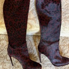 New Lk Bennett London Wine/Black Real Leather Calf Hair Knee High Boots Size 36. Beautiful Boots. Color Is Wine Background With Black Animal Print. Very Well Made As All L.K. Bennet Leopard Print Leather Boots For Party, Chic Calf Hair Boots With Round Toe, Chic Leopard Print Leather Boots, Wine Background, Lk Bennett Shoes, Lk Bennett, Black Animals, Beautiful Boots, Calf Hair