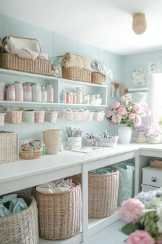 The dream soft pink accents craft room inspiriration            #craft #crafting #craftrooms #craftroomdesign #craftroommakeover #lovecraft Office Makeover Diy, Study Room Organization, Shabby Chic Craft Room, Craft Room Organisation, Small Craft Rooms, Craft Room Inspiration, Craft Office, Craft Sewing Room, Sewing Room Design