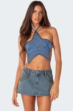 Starlet Studded Denim Crop Top Ropa Upcycling, Jean Fit, Denim And Diamonds, Denim Crop Top, Studded Denim, Denim Ideas, Denim Crafts, Casual Summer Tops