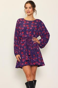 82% Acrylic, 10% Nylon, 8% Polyester Lined Long Sleeve Midi Dress For Spring, Long Sleeve Lined Dress, Long Sleeve Lined Midi Dress For Spring, Casual Purple Mini Dress For Fall, Casual Purple Midi Dress For Fall, Lined Dresses For Fall Daywear, Fall Daywear Lined Dresses, Spring Purple Lined Midi Dress, Purple Flowy Mini Dress