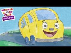 a drawing of a yellow bus driving down a road with the words mother goose club on it