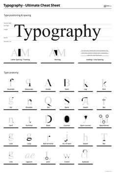 the typography ultimate cheat sheet is shown in black and white, with different font