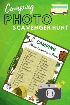 the camping photo scavenger hunt is on display in front of a green background