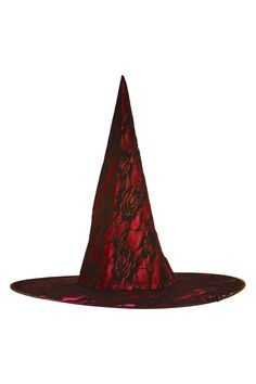 a red witches hat with roses on it