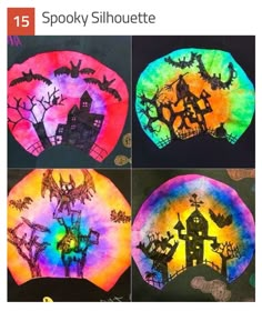 four different pictures of halloween decorations in the shape of houses and bats on a black background