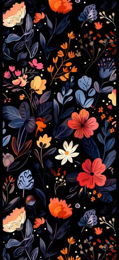 a black background with colorful flowers and leaves on it's sides, all in different colors