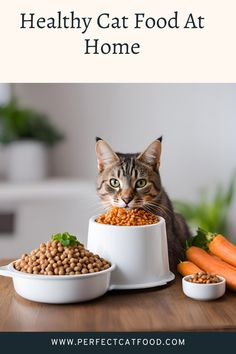 a cat eating food out of a white bowl on top of a wooden table with carrots