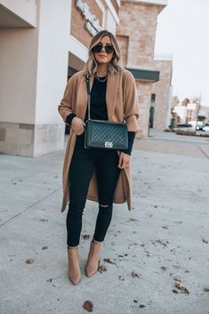 Austin Fall Fashion, Edgy Boss Outfits, Winter Outfits Daytime, Nyc Fall Work Outfits, Outfits For Sales Job, Women’s Winter Night Outfit, Black Pants Tan Boots Outfit, Vegas Day Outfit Winter Casual, Khaki Wool Coat Outfit