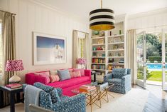 a living room filled with furniture next to a pool