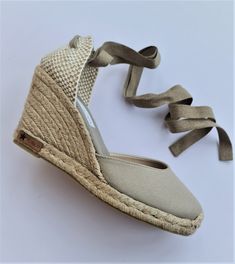 "Lace up, rope sole espadrille PUMP wedges (9cm heels = 3.54 inches) in SAND cotton canvas, with reinforcement stitching in the front. Antislippery soles covered with rubber. In order to prevent the fraying of the ribbons, the ribbon ends are glued, what makes a quite nice closing (see last pic for details). 🦋 VEGAN SHOES, animal friendly & sustainable. Eco friendly. Jute fiber has excellent insulating properties and low thermal conductivity. It is environmentally friendly, bio-degradable and r Casual Beige Espadrille Heels, Lace-up Canvas Espadrilles For Beach, Casual High Heel Espadrilles With Wrapped Heel, Beige Closed Toe Canvas Espadrilles, Beige Lace-up Platform Espadrilles, Casual Espadrilles With Wrapped High Heel, Summer Lace-up Canvas Espadrilles, Beige Canvas Espadrilles For Summer, Ribbon Ends