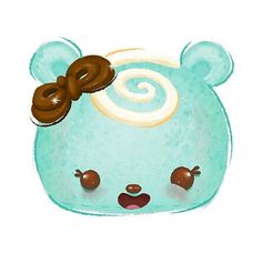 a drawing of a blue bear with donuts in its hair and eyes, on a white background