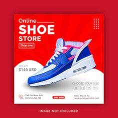 a red and blue flyer for a shoe store