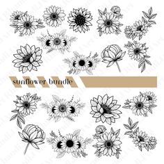 the sunflower bundle is shown in black and white, with flowers drawn on it