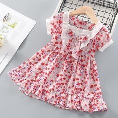 Playful Pink Floral Dress With Ruffles, Short Sleeve Floral Dress For Summer, Sweet Red Short Sleeve Dress, Summer Floral Ruffled Dress For Dress-up Occasions, Summer Floral Dress With Ruffles For Dress-up, Red Floral Print Dress For Playtime, Cute Floral Dress For Dress-up, Cute Floral Dress For Spring, Red Summer Playtime Dress