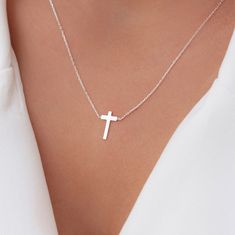 "14k Solid Gold Cross Necklace, Gold Cross Necklace, Dainty Cross Necklace, Religious Necklace, Solid Gold Cross Jewelry, Small Cross This simple yet beautiful cross necklace makes a precious birthday gift that you can personalized to add a sweet touch. Show your appreciation for your loved one with this meaningful detail or use it to complement your outfit. * Charm Size: 6 mm in height * With adjustable length * Material: 14k solid gold * Finished Color: 14k white gold, 14k yellow gold, 14k ros Sterling Silver Crucifix Necklace In Fine Jewelry Style, Fine Sterling Silver Crucifix Necklace, Fine Jewelry Silver Crucifix Necklace, Silver Crucifix Necklace In Fine Jewelry Style, Sterling Silver Clavicle Chain Cross Necklace, Fine Jewelry Cross Necklace For Gift, Fine Jewelry Sterling Silver Cross Necklace, Sterling Silver Crucifix Cross Necklace, White Crucifix Necklace In Fine Jewelry Style