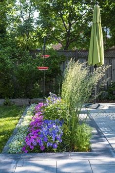 a garden with flowers and an umbrella in the background, next to a paved walkway