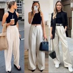 Baggy Linen Pants Outfit, Cream Trousers Outfit, Cream Pants Outfit, White Linen Pants Outfit, Pants Outfit Work, Dress Pants Outfits, Outfit Elegantes