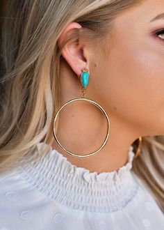 Turq Post Gold Hammered Hoop Earring With Turquoise Teardrop Post Turquoise Earrings Formal, Turquoise Earrings Dangle Bride, Cheap Statement Turquoise Earrings, Turquoise Wedding Jewelry Earrings, Cheap Turquoise Statement Earrings, Hoop Earrings With Stones, Earrings With Stones, Elephant Game, White Elephant Game