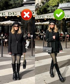 two women in black are crossing the street