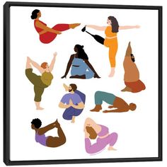 a group of people doing yoga poses in different colors and sizes on a white background