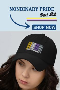 a woman wearing a black hat with barcodes on it and the words, shop now