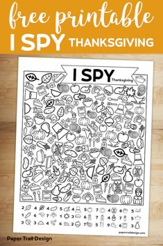 the free printable i spy thanksgiving coloring page is shown with text overlaying it