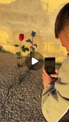 a man is looking at his cell phone in front of a flower pot with roses