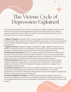 The vicious cycle of depression refers to the persistent patterns of negative thinking, emotions, and behaviors that can reinforce and continue symptoms of depression. This vicious cycle can then create a downward spiral making it challenging to break free from depression. This worksheet offers a breakdown of this cycle, and a visual representation of the vicious cycle. It can be used to gain more insight around the thoughts, emotions, and behaviors that may make up an individual's own vicious c Negative Thought Spiral, Emotional Deprivation Schema, Downward Spiral, Healing Journaling, Mental Health Facts, Mental Health Therapy, Therapy Resources, Breaking Free, Counseling Resources