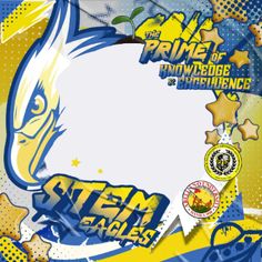 an image of a blue and yellow poster with some stickers on the bottom half