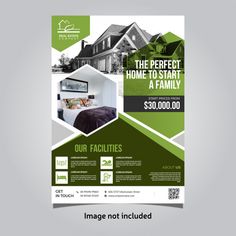 a green and white flyer design for a real estate agent's business, with the image of a house in the background