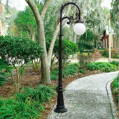 a street light sitting on the side of a road next to a lush green park