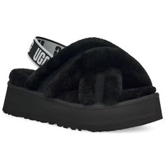 Ugg Disco Open-Toe Slip-On Platform Cross Slide Plush Sheepskin And Supple Suede Crisscross With Cozy Appeal In The Disco Cross Slide By Ugg. 1-3/4" Heel Open-Toe Slip-On Slingback Platform Slide Allover Shearling Woven Label With Ugg Logo On Insole Pieced, Dyed Genuine Sheepskin Genuine Sheepskin/Suede Upper; Polyester (100% Recycled) Binding; Genuine Sheepskin Lining; Rubber Sole New Without Box Ugg Sandals, Ugg Tasman Slippers, Platform Chelsea Boots, Yellow Sandals, Shearling Slippers, Ugg Black, Slingback Sandals, Platform Slippers, Slingback Heel