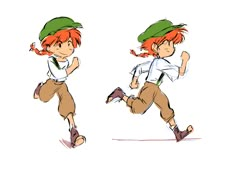 two cartoon characters are running and one is wearing a green hat, the other has red hair