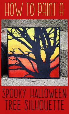 a painting with the words how to paint a spooky halloween tree silhouette on it