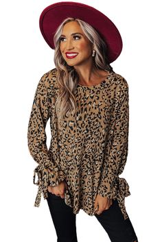 Leopard Print Cuff Knot Long Sleeve Blouse Leopard Style, Leopard Blouse, Leopard Fashion, Knit Infinity Scarf, Blouse Online, Long Sleeve Cardigan, Affordable Fashion, Printed Blouse, Striped Shirt